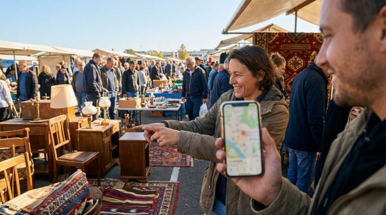 Une femme montre un vide-grenier sur son téléphone portable devant des stands d'antiquités en plein air.