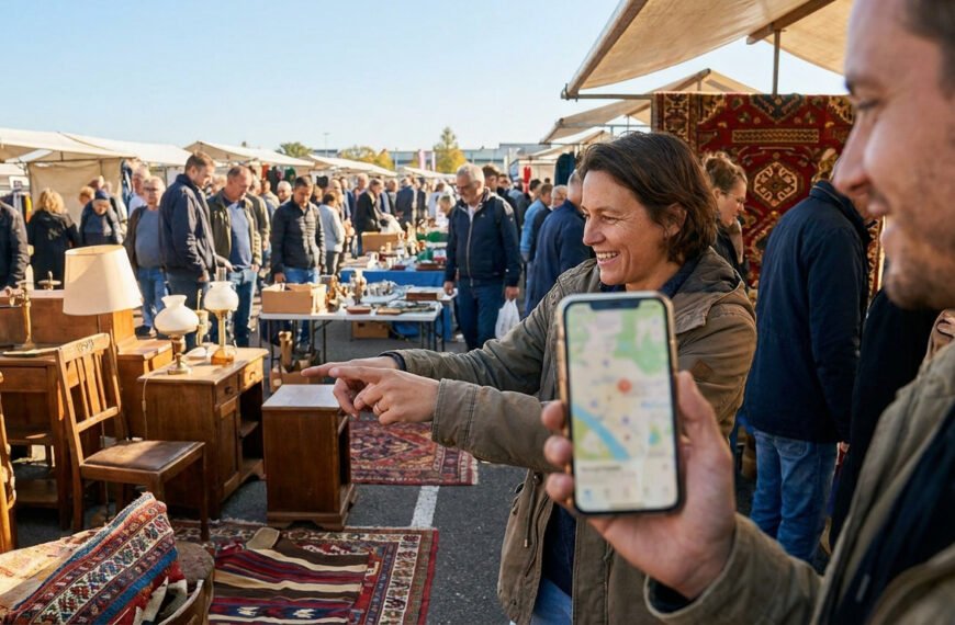 Une femme montre un vide-grenier sur son téléphone portable devant des stands d'antiquités en plein air.