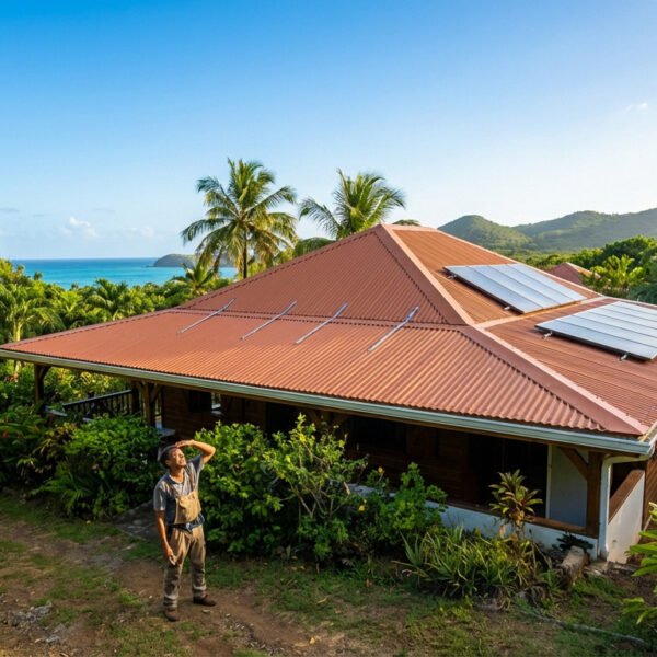 Man admiring a new, anti-cyclonic roof with solar panels on a Martinican house amidst lush tropical greenery, Caribbean sea, and hills under a blue sky.
