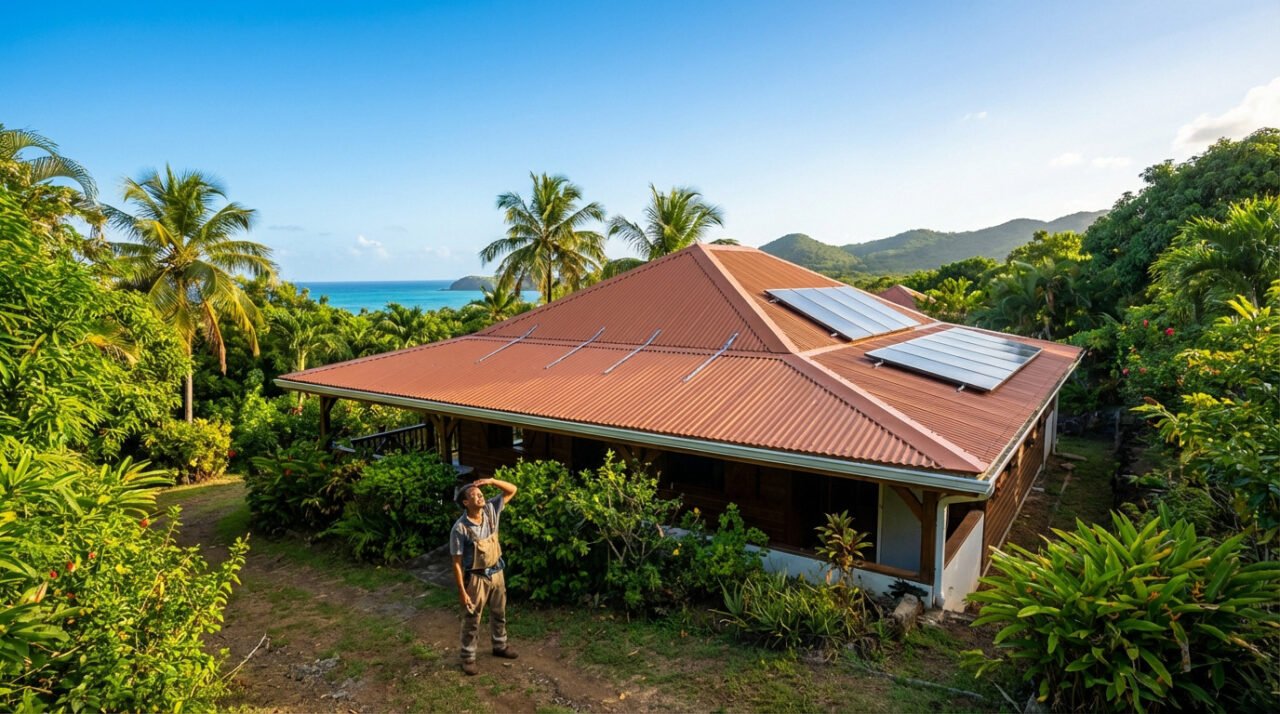 Man admiring a new, anti-cyclonic roof with solar panels on a Martinican house amidst lush tropical greenery, Caribbean sea, and hills under a blue sky.