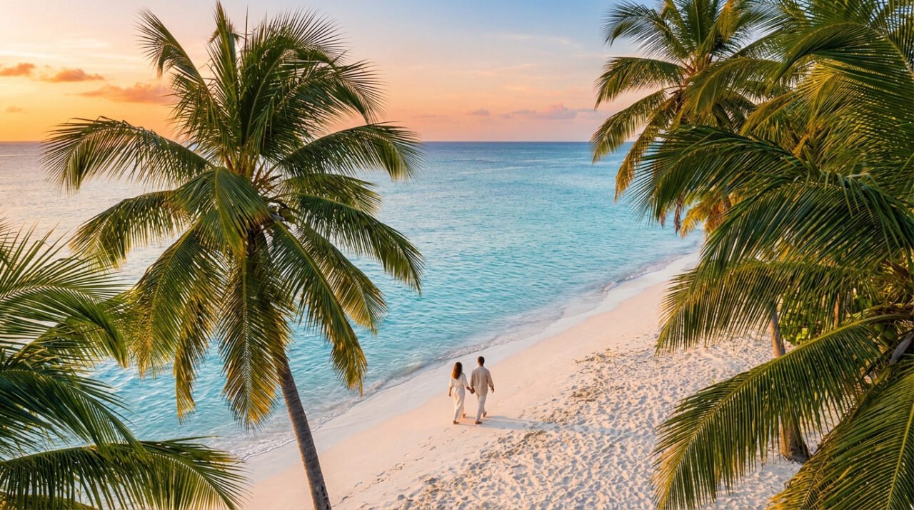 Couple marchant main dans la main sur une plage tropicale de sable blanc. Mer turquoise et ciel aux teintes roses et oranges au coucher du soleil.