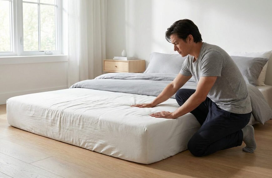 Un homme agenouillé teste la résilience d'un matelas blanc avec ses mains, vérifiant les zones affaissées dans une chambre lumineuse.