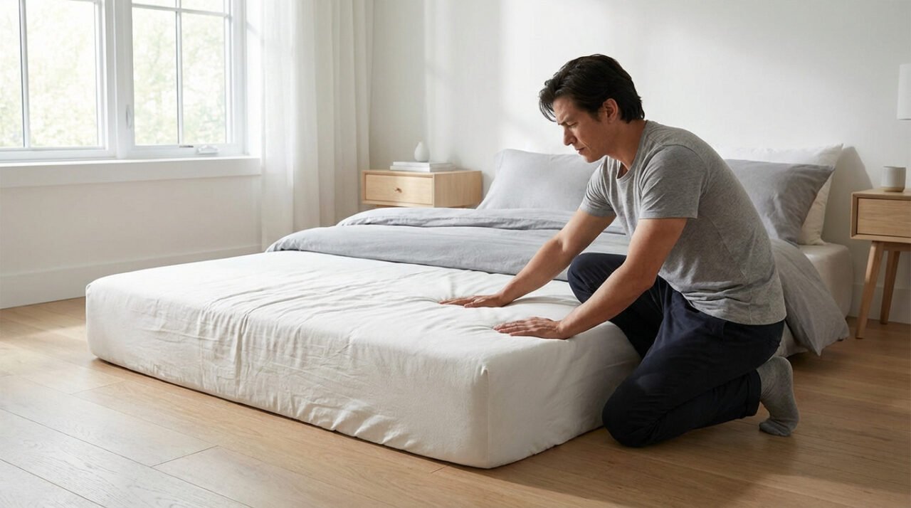 Un homme agenouillé teste la résilience d'un matelas blanc avec ses mains, vérifiant les zones affaissées dans une chambre lumineuse.