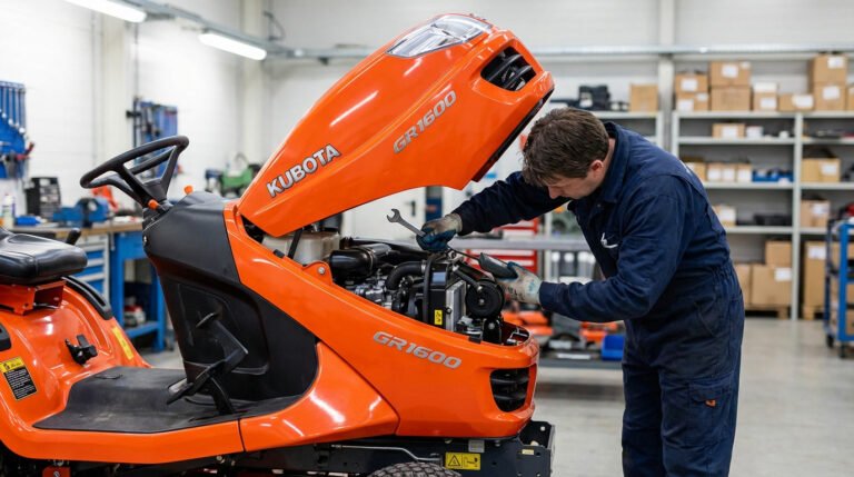 Mécanicien en salopette bleue réparant un tracteur tondeuse Kubota GR1600 orange, capot ouvert, dans un atelier.