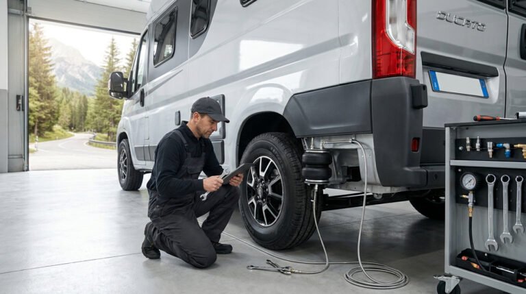 Mécanicien en casquette installe suspension pneumatique sur un camping-car Fiat Ducato dans garage, vue montagne.