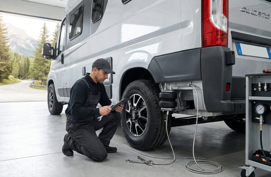 Mécanicien en casquette installe suspension pneumatique sur un camping-car Fiat Ducato dans garage, vue montagne.