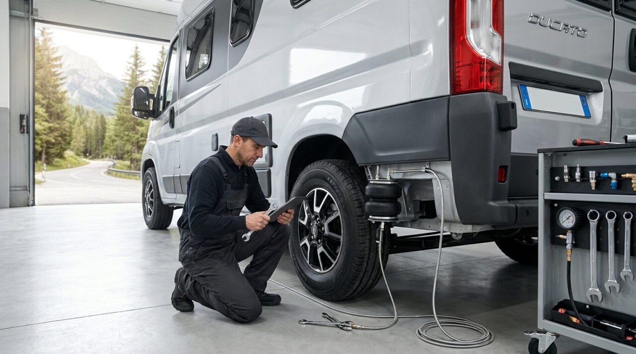 Mécanicien en casquette installe suspension pneumatique sur un camping-car Fiat Ducato dans garage, vue montagne.
