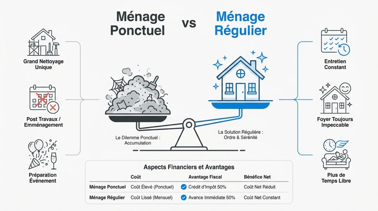 Comparaison entre un ménage ponctuel et un entretien régulier à domicile