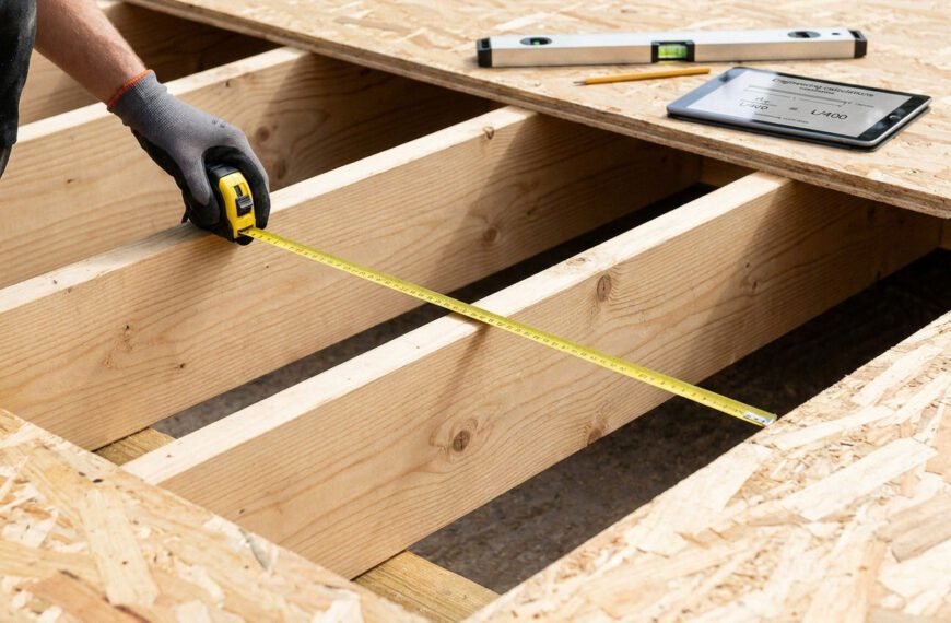 Main gantée mesurant l'entraxe entre des solives en bois avec un mètre, sur un chantier de plancher OSB avec niveau et tablette.