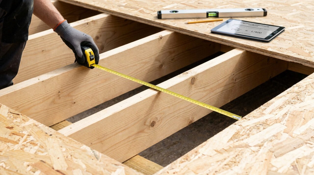 Main gantée mesurant l'entraxe entre des solives en bois avec un mètre, sur un chantier de plancher OSB avec niveau et tablette.