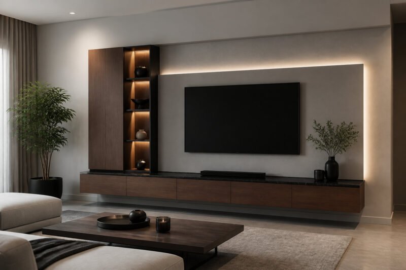 Un salon moderne avec un meuble TV suspendu en bois sombre, éclairage LED intégré et décor minimaliste.