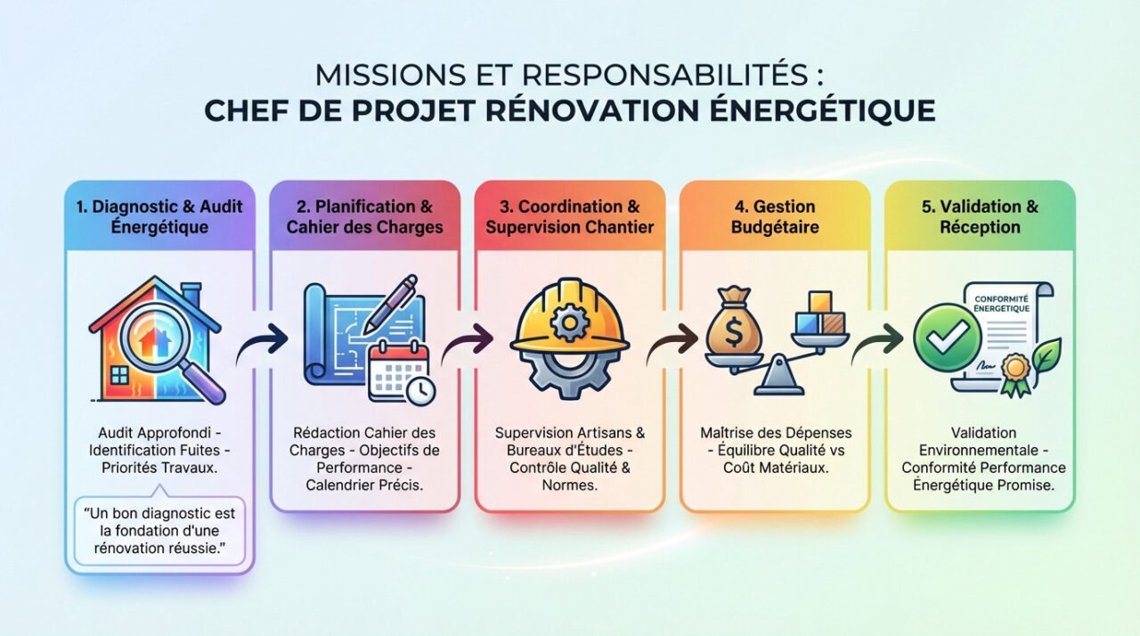 Chef de projet en rénovation énergétique coordonnant un chantier