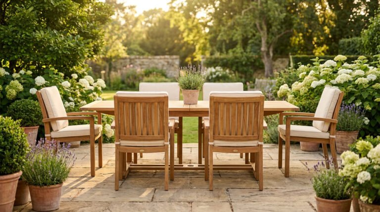 Table et chaises de jardin en bois avec coussins clairs sur une terrasse entourée de plantes en pot et d'hydrangeas.