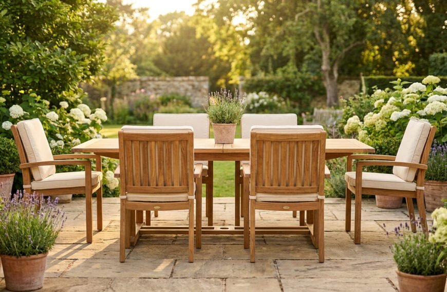 Table et chaises de jardin en bois avec coussins clairs sur une terrasse entourée de plantes en pot et d'hydrangeas.