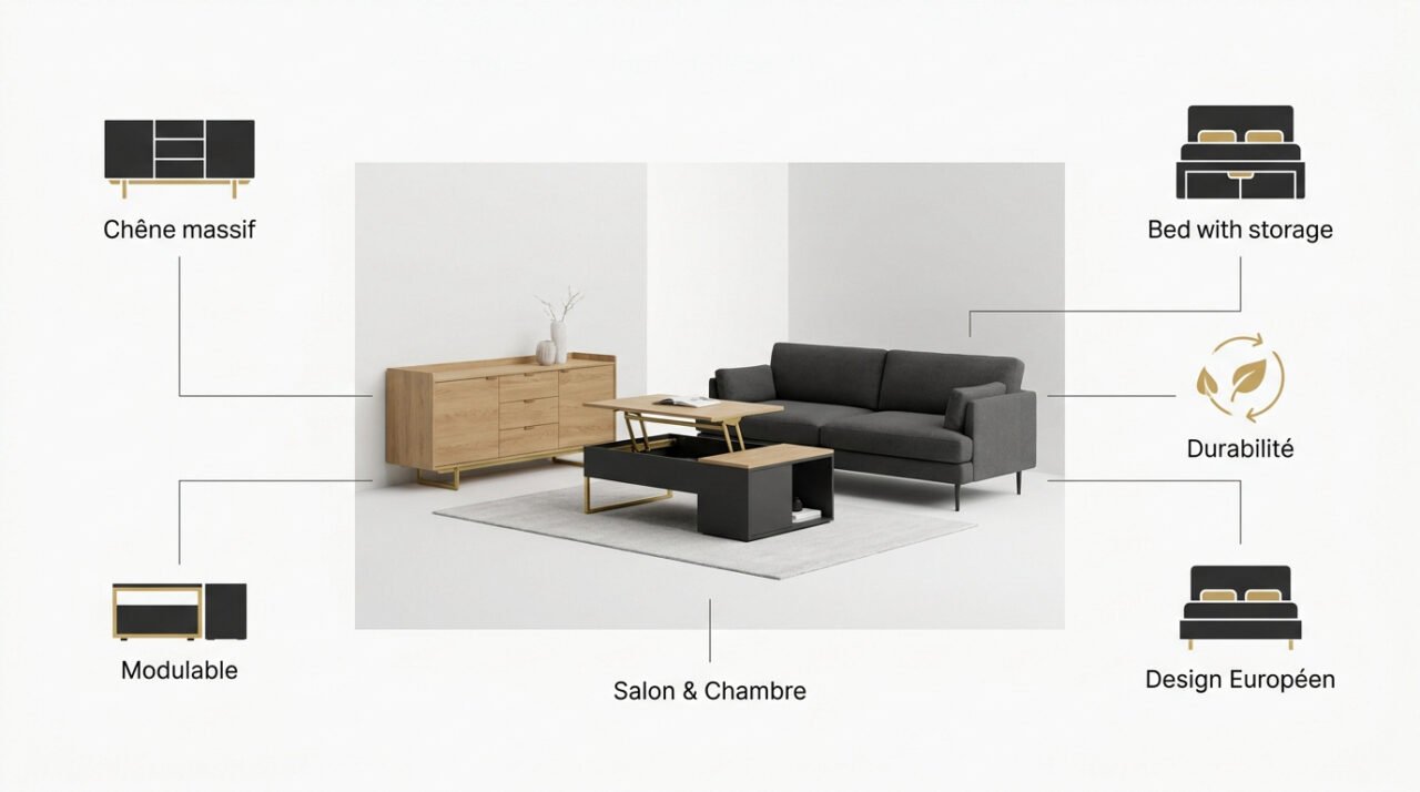 Mobilier contemporain haut de gamme en chêne massif et finitions laquées pour un salon moderne