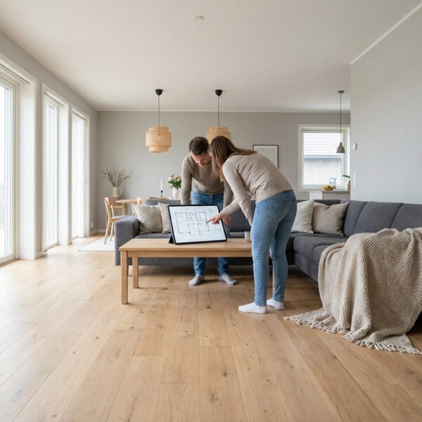 Deux personnes se tiennent près d'une table basse dans un salon moderne et lumineux, en train d'examiner des plans d'aménagement. De grandes fenêtres, un canapé et une plante en pot sont visibles.
