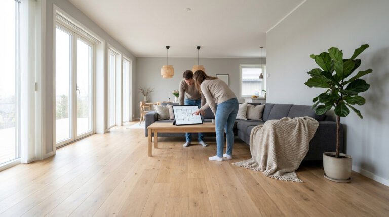 Deux personnes se tiennent près d'une table basse dans un salon moderne et lumineux, en train d'examiner des plans d'aménagement. De grandes fenêtres, un canapé et une plante en pot sont visibles.