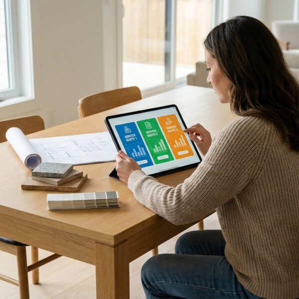 Woman at a modern table in a bright home compares graphical service quotes on a tablet, surrounded by renovation samples.