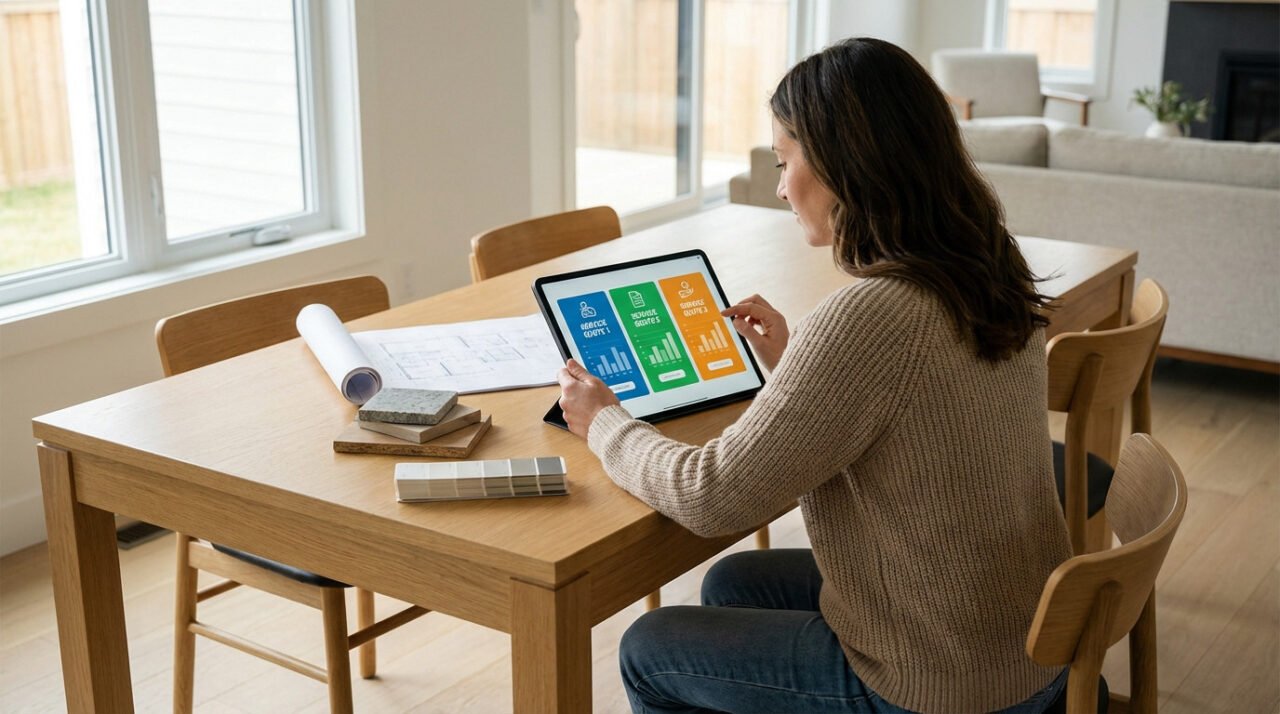 Woman at a modern table in a bright home compares graphical service quotes on a tablet, surrounded by renovation samples.