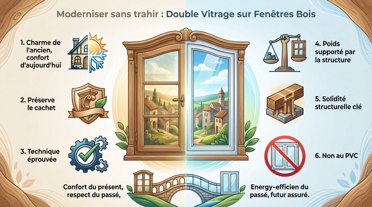 Installation de double vitrage de rénovation sur une fenêtre en bois ancienne préservant le cadre d'origine