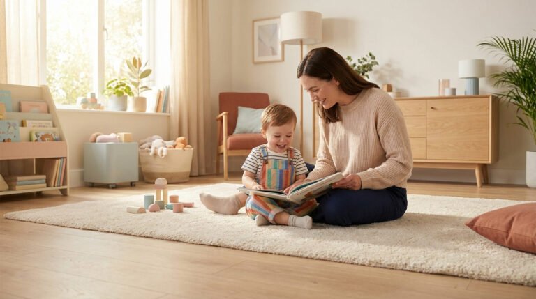 Une mère souriante lit un livre à son jeune enfant assis sur un tapis dans un salon lumineux et chaleureux.