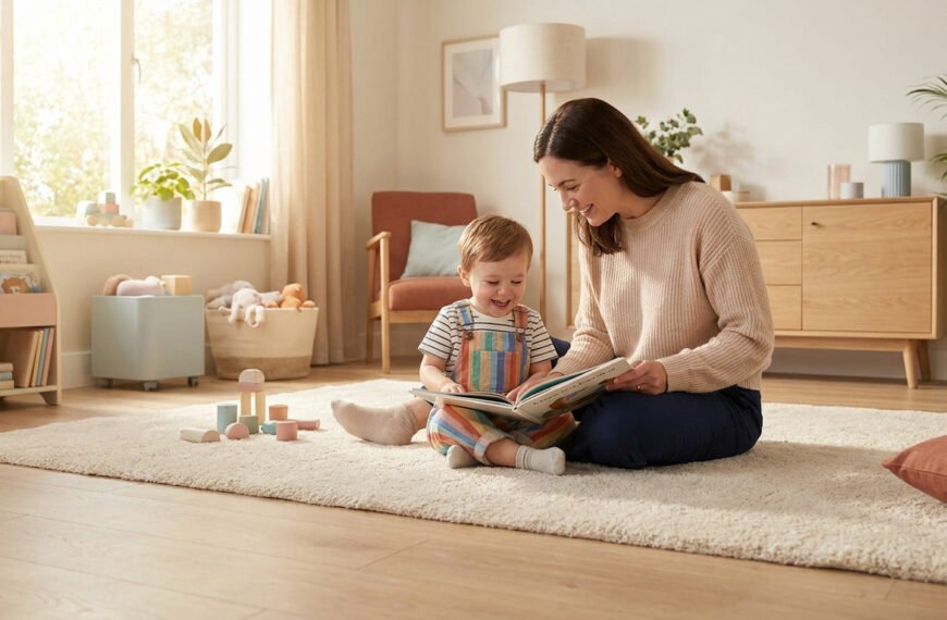 Une mère souriante lit un livre à son jeune enfant assis sur un tapis dans un salon lumineux et chaleureux.