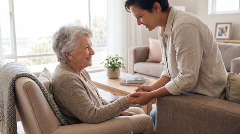 Une jeune femme souriante tient les mains d'une femme âgée assise dans un salon lumineux, échangeant un regard chaleureux.
