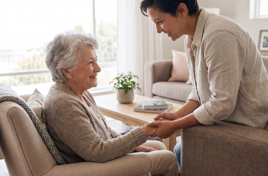 Une jeune femme souriante tient les mains d'une femme âgée assise dans un salon lumineux, échangeant un regard chaleureux.