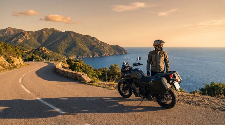 Motard et moto de tourisme sur route côtière corse au coucher du soleil, face à la mer Méditerranée et montagnes luxuriantes.