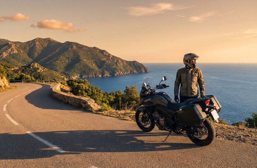 Motard et moto de tourisme sur route côtière corse au coucher du soleil, face à la mer Méditerranée et montagnes luxuriantes.