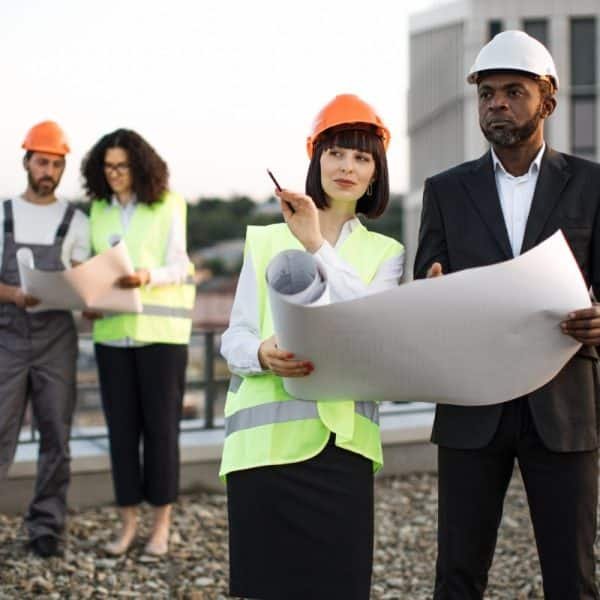 Un groupe de quatre professionnels du bâtiment, coiffés de casques, examinent des plans sur un toit. Deux d'entre eux portent un costume et un gilet ; les deux autres sont en tenue de travail.