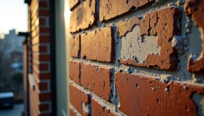 Gros plan sur un mur de briques patiné par les intempéries, avec des briques rouges ébréchées et du mortier, sur fond flou où l'on aperçoit des bâtiments et une rue.