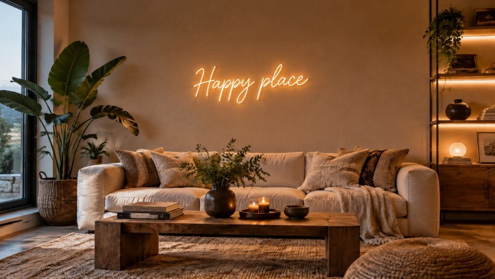Salon aux tons neutres, avec un canapé beige, des coussins décoratifs, une table basse en bois, des plantes, des étagères et une enseigne au néon portant l'inscription « Happy place » accrochée au mur. Des bougies et des livres sont posés sur la table.