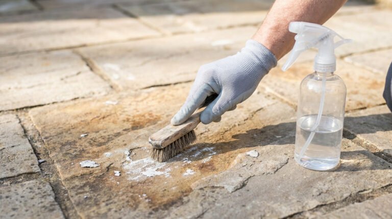 Main gantée brossant des résidus de ciment blanc sur une dalle de pierre avec une brosse en bois. Bouteille spray d'eau à côté.