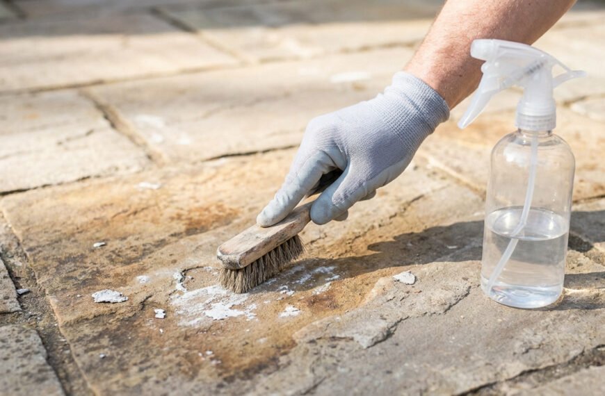 Main gantée brossant des résidus de ciment blanc sur une dalle de pierre avec une brosse en bois. Bouteille spray d'eau à côté.