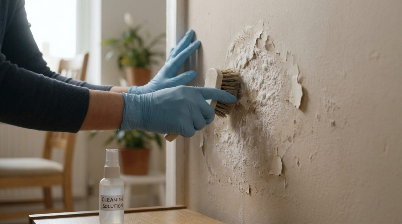 Une personne portant des gants bleus frotte une zone de salpêtre avec une brosse sur un mur abîmé.