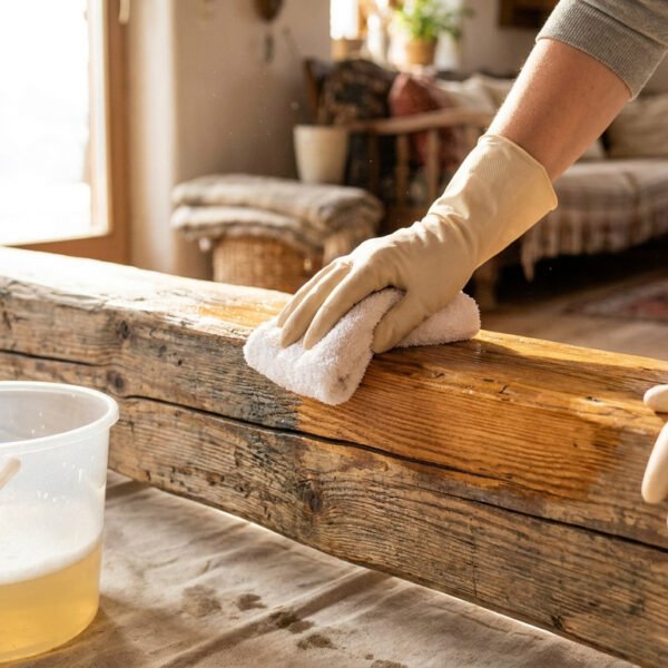 Gros plan sur des mains gantées nettoyant une poutre en bois ancienne avec un chiffon imbibé, un seau de solution à côté.