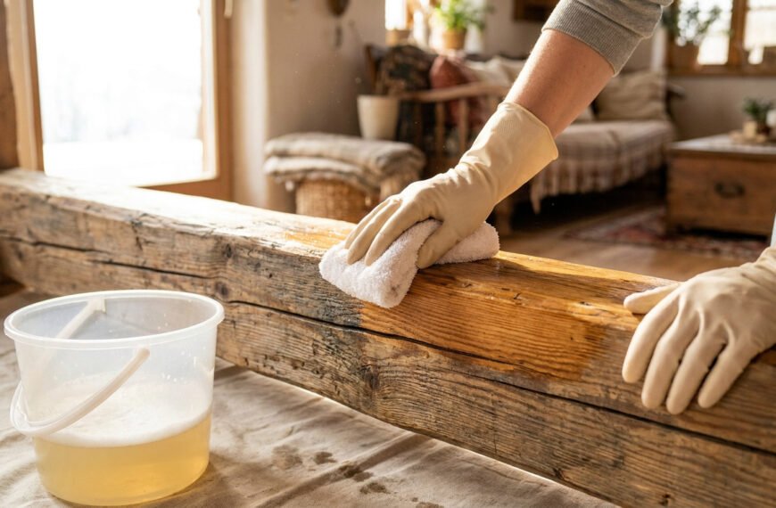 Gros plan sur des mains gantées nettoyant une poutre en bois ancienne avec un chiffon imbibé, un seau de solution à côté.