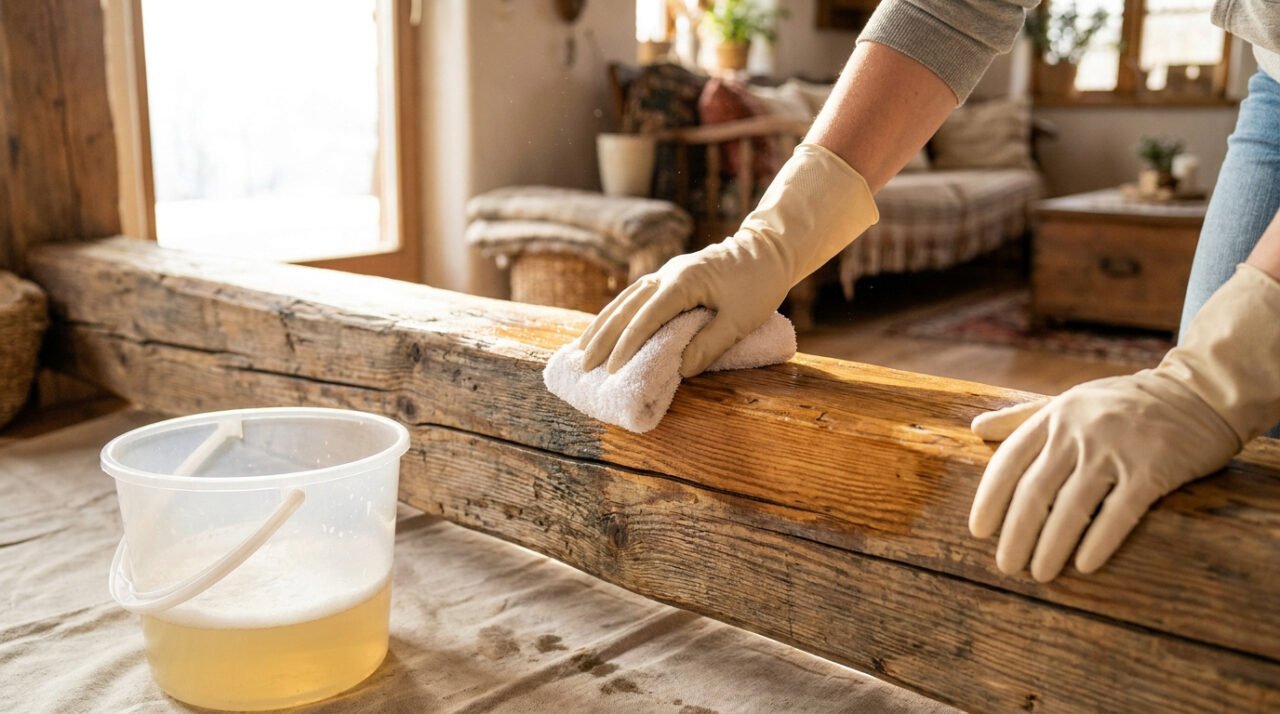 Gros plan sur des mains gantées nettoyant une poutre en bois ancienne avec un chiffon imbibé, un seau de solution à côté.