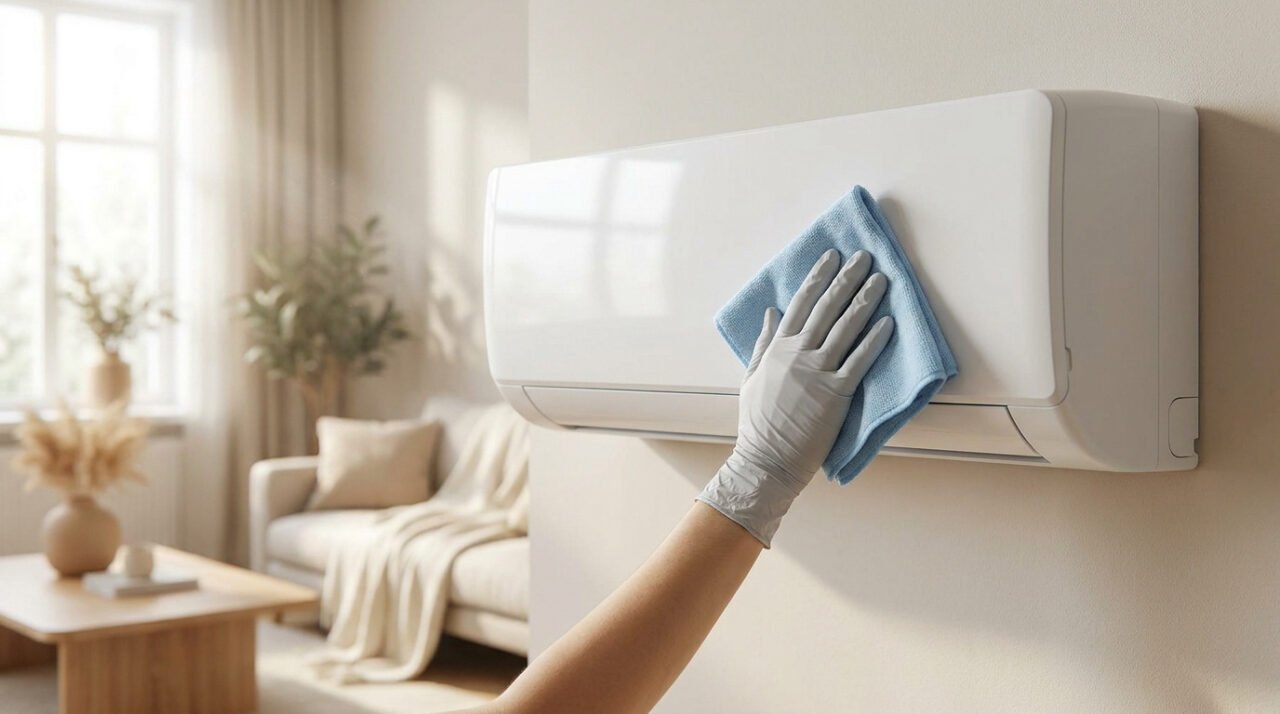 Une personne portant un gant nettoie une pompe à chaleur murale blanche avec un chiffon bleu dans un salon lumineux.