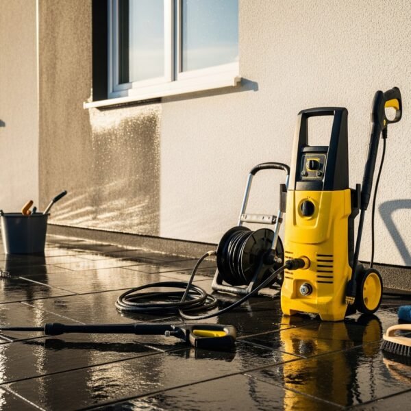 Un nettoyeur haute pression jaune avec des tuyaux et des outils de nettoyage est posé sur un patio carrelé humide à l'extérieur d'une maison, avec un seau et une brosse à proximité.