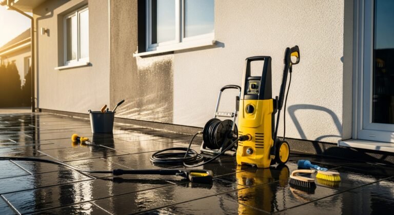 Un nettoyeur haute pression jaune avec des tuyaux et des outils de nettoyage est posé sur un patio carrelé humide à l'extérieur d'une maison, avec un seau et une brosse à proximité.