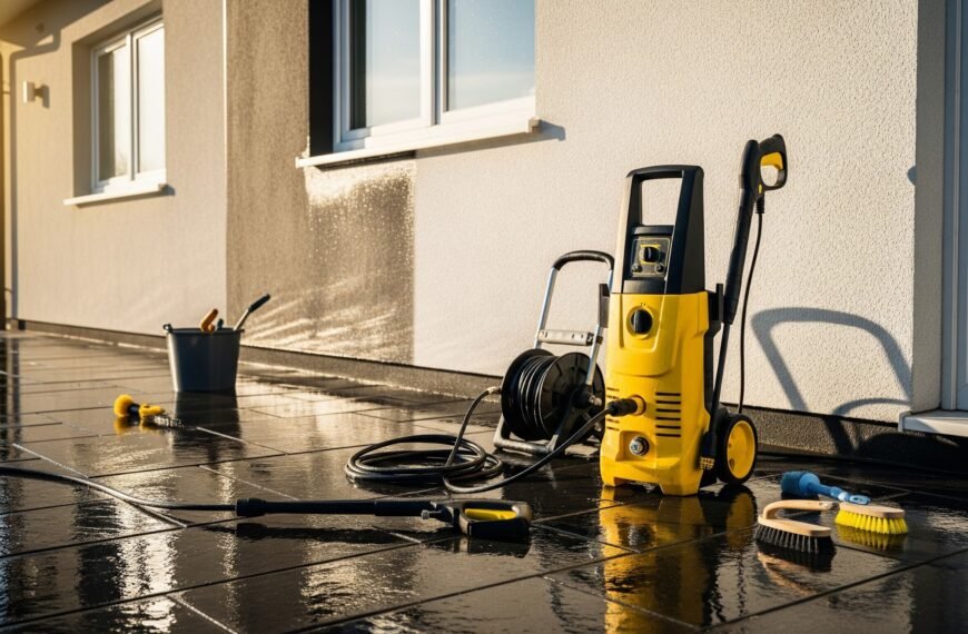 Un nettoyeur haute pression jaune avec des tuyaux et des outils de nettoyage est posé sur un patio carrelé humide à l'extérieur d'une maison, avec un seau et une brosse à proximité.