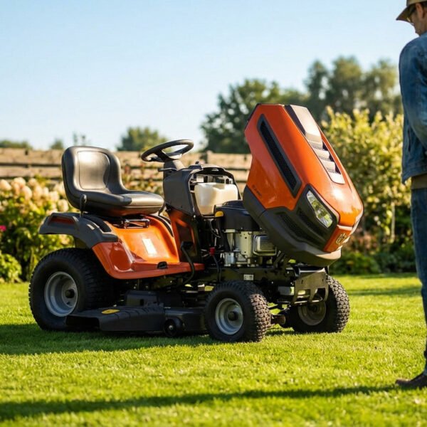 Une personne se tient sur une pelouse, face à une tondeuse à gazon autoportée orange dont le compartiment moteur est ouvert, entourée de verdure et de plantes de jardin.