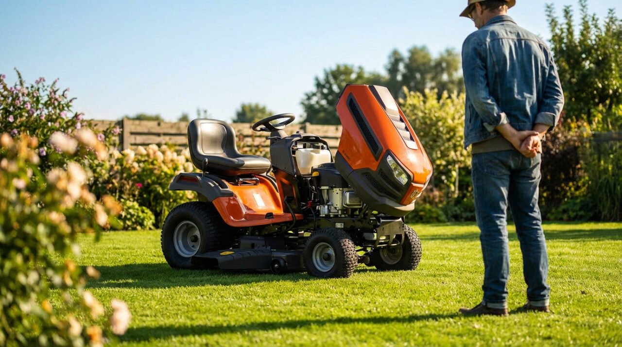 Une personne se tient sur une pelouse, face à une tondeuse à gazon autoportée orange dont le compartiment moteur est ouvert, entourée de verdure et de plantes de jardin.
