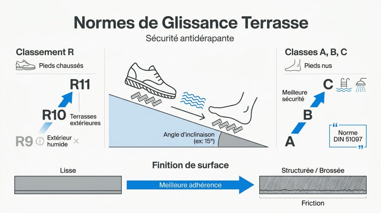 Schéma explicatif des normes de glissance R10 et R11 pour carrelage extérieur