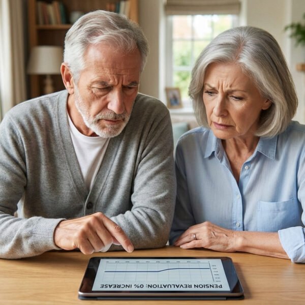 Un homme et une femme âgés sont assis à une table et regardent une tablette affichant un tableau d'évaluation des pensions. Ils semblent concentrés et préoccupés.