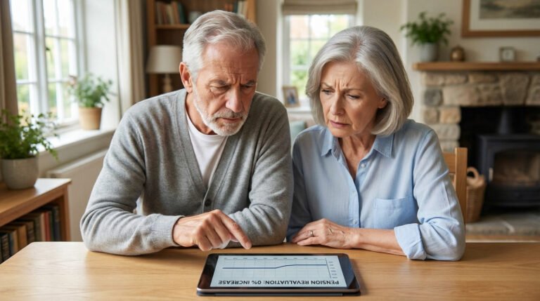 Un homme et une femme âgés sont assis à une table et regardent une tablette affichant un tableau d'évaluation des pensions. Ils semblent concentrés et préoccupés.