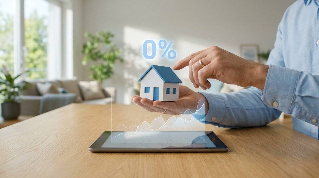 Un homme tient une maquette de maison au-dessus d'une tablette affichant des graphiques financiers avec le symbole 0%.