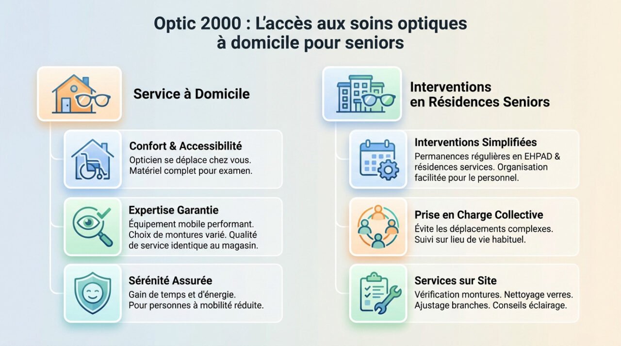 Opticien Optic 2000 réalisant un examen de vue à domicile pour une personne âgée